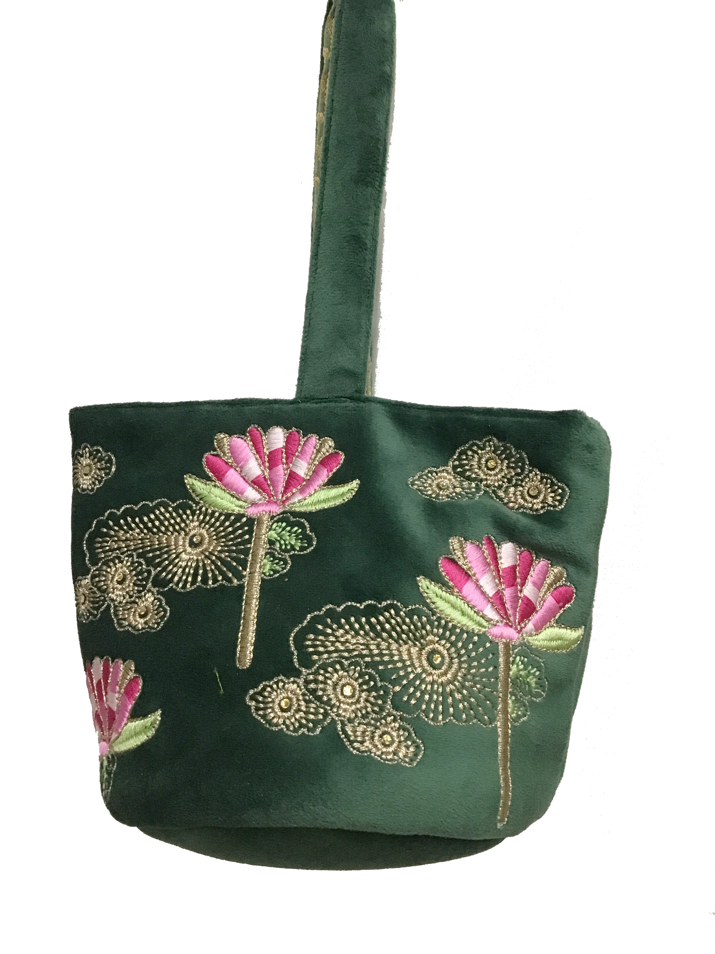 Emerald Lotus Embroidered Velvet Potli