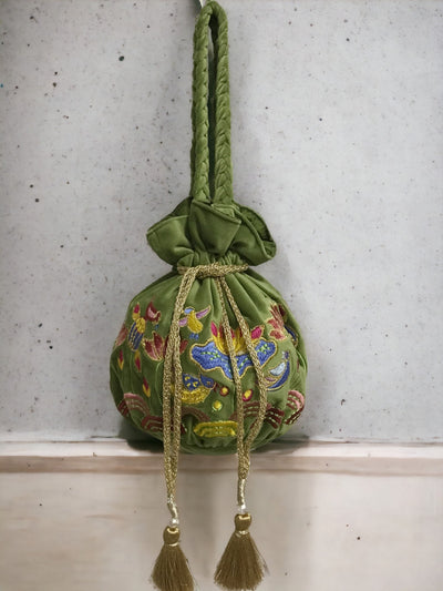 Emerald Bloom Embroidered Velvet Potli