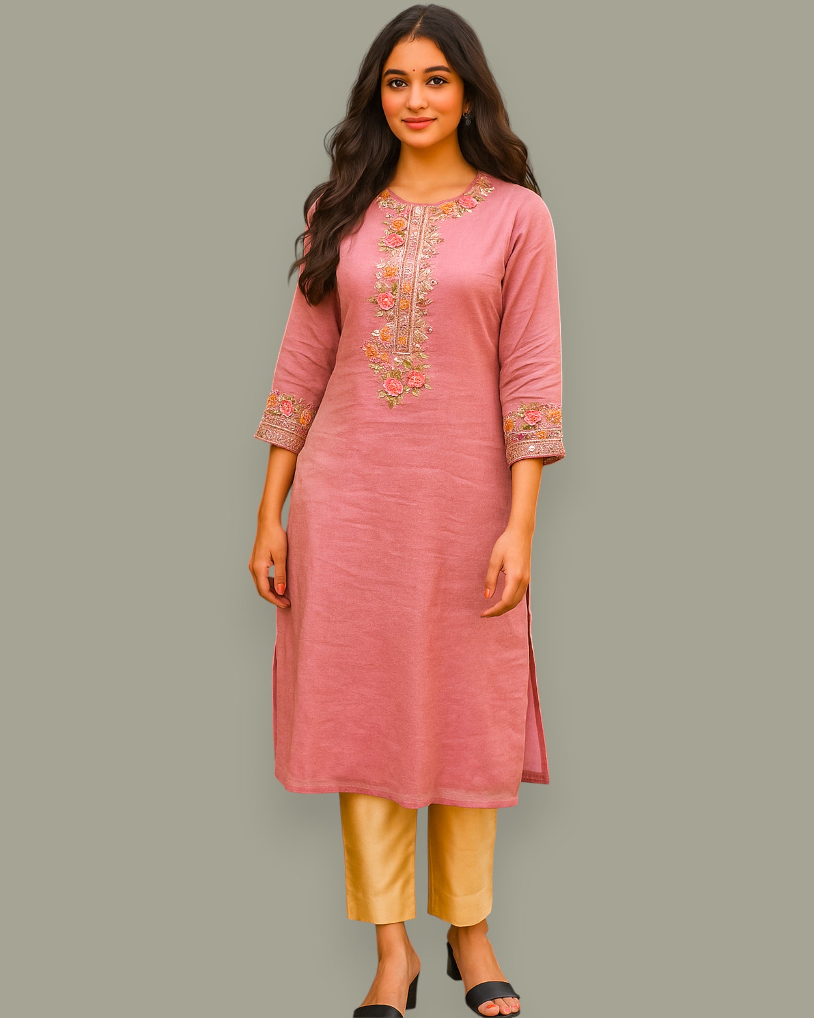 Woman wearing a pink embroidered kurta with gold pants on a gray background