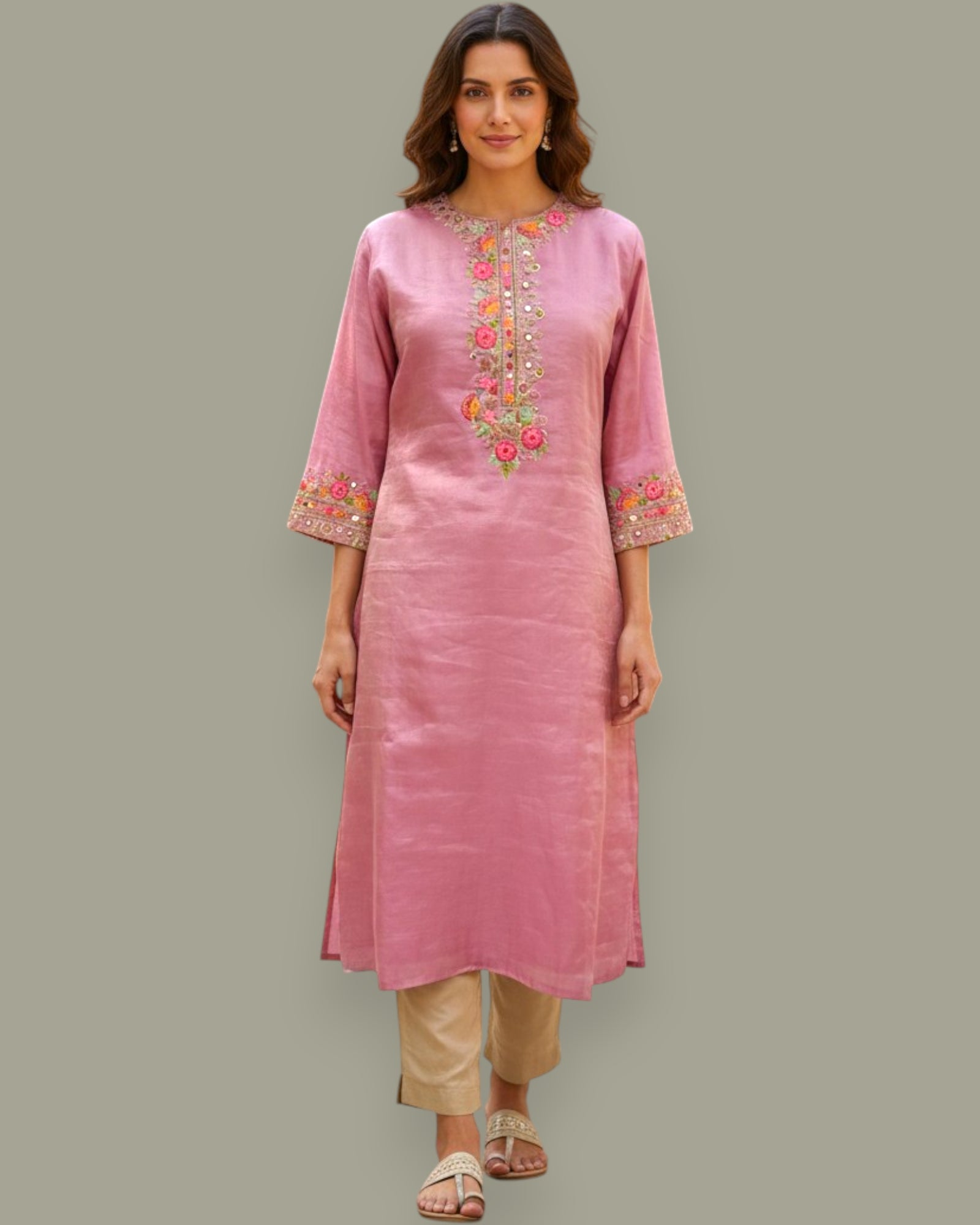 Woman wearing a pink embroidered kurta with beige pants on a gray background