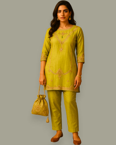 Woman wearing a green traditional outfit with a matching bag on a gray background