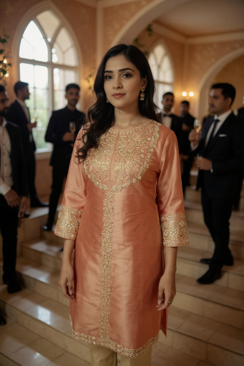 Terracotta Glow Silk-Blend Embroidered Kurta