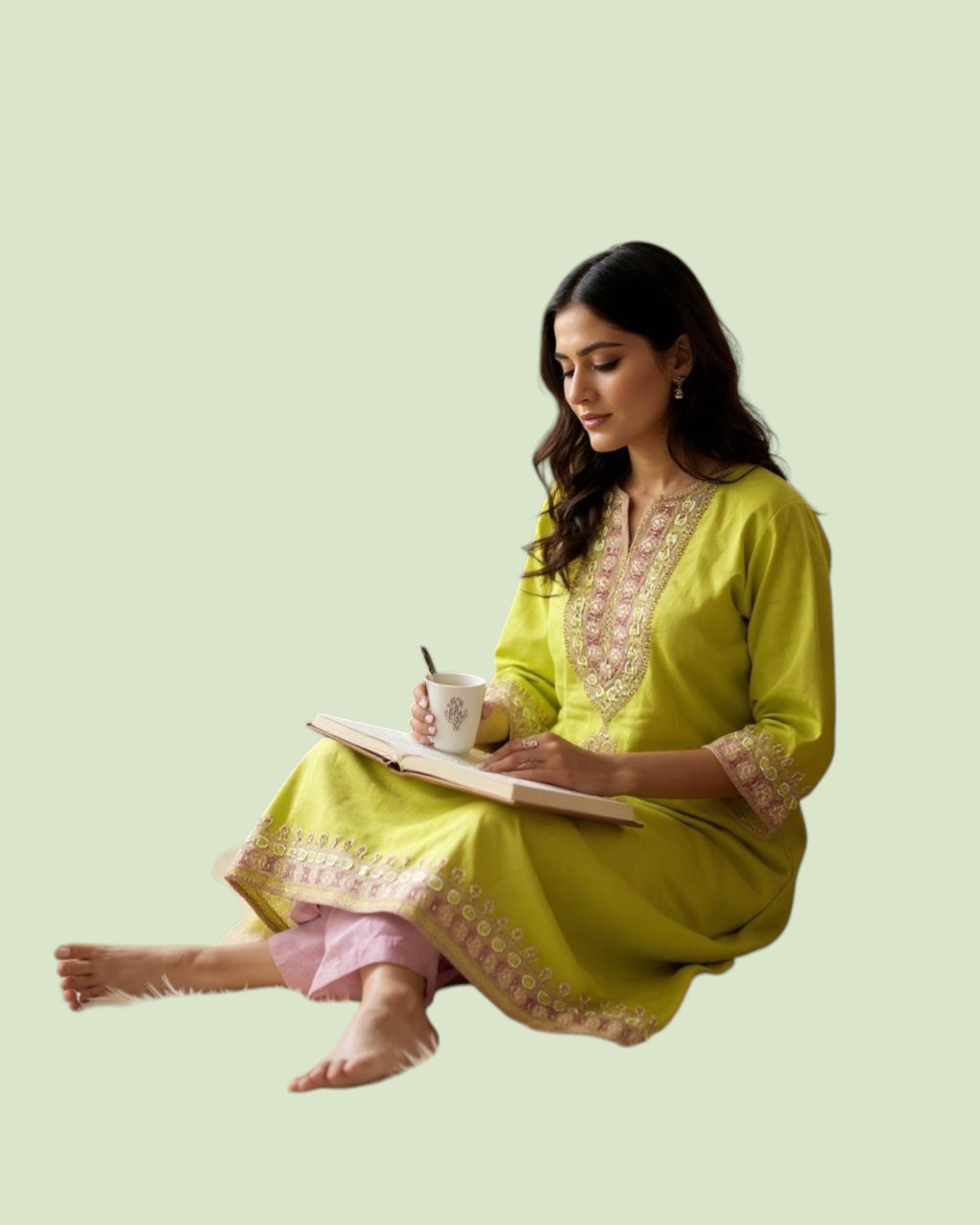 Woman in a green traditional outfit sitting on the floor with a cup and book against a light green background