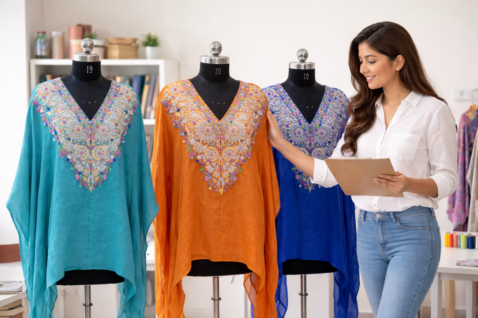 Woman examining colorful dresses on mannequins with a tablet in a store setting.
