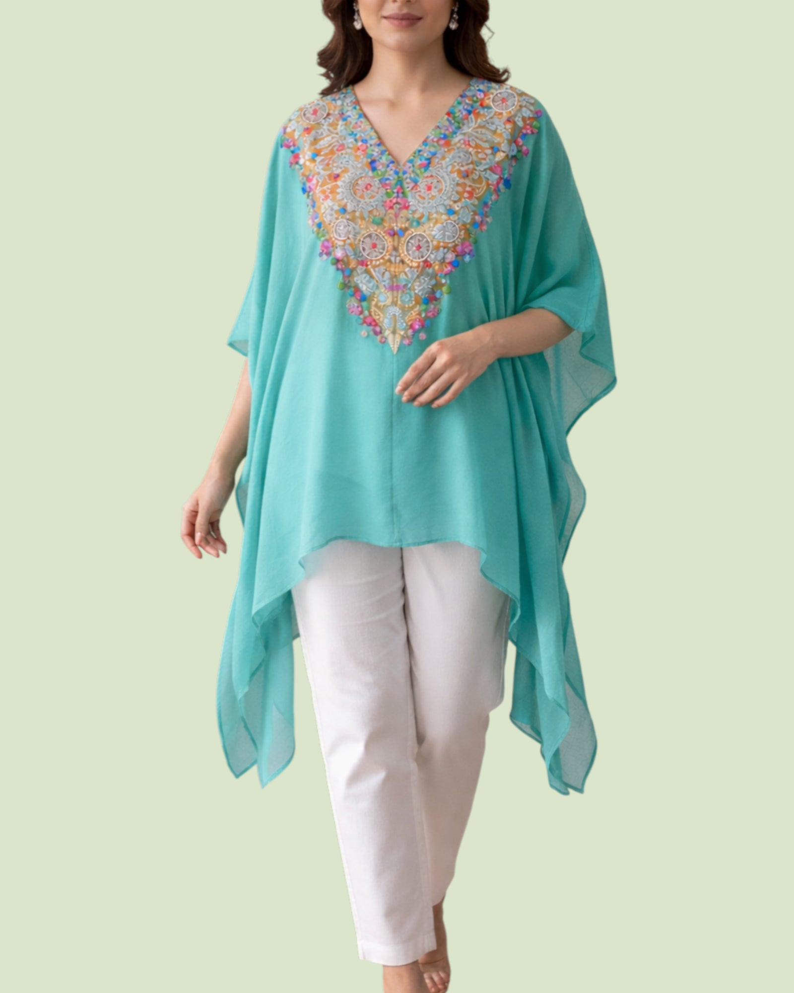 Statement kaftan with festive Beaded and Threadwork  neckline