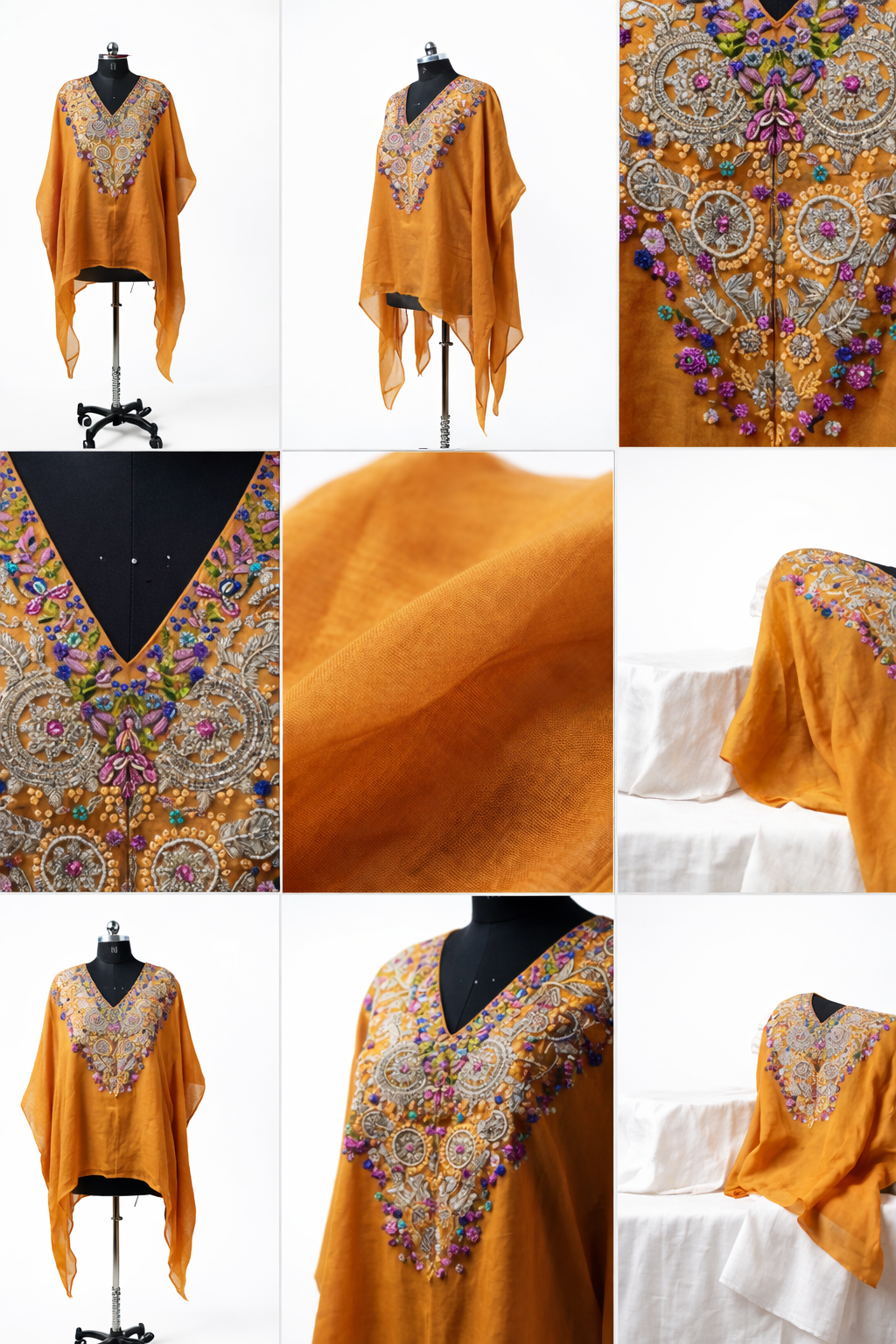 Collage of orange embroidered garments on mannequins and fabric swatches.