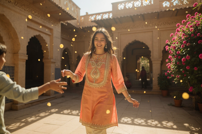 Terracotta Glow Silk-Blend Embroidered Kurta