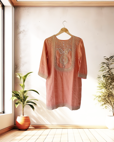 Terracotta Glow Silk-Blend Embroidered Kurta