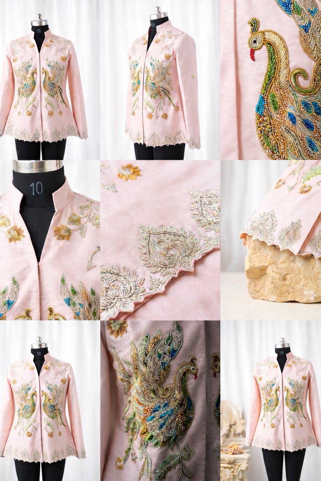Collage of a pink embroidered jacket with peacock designs on a white background.