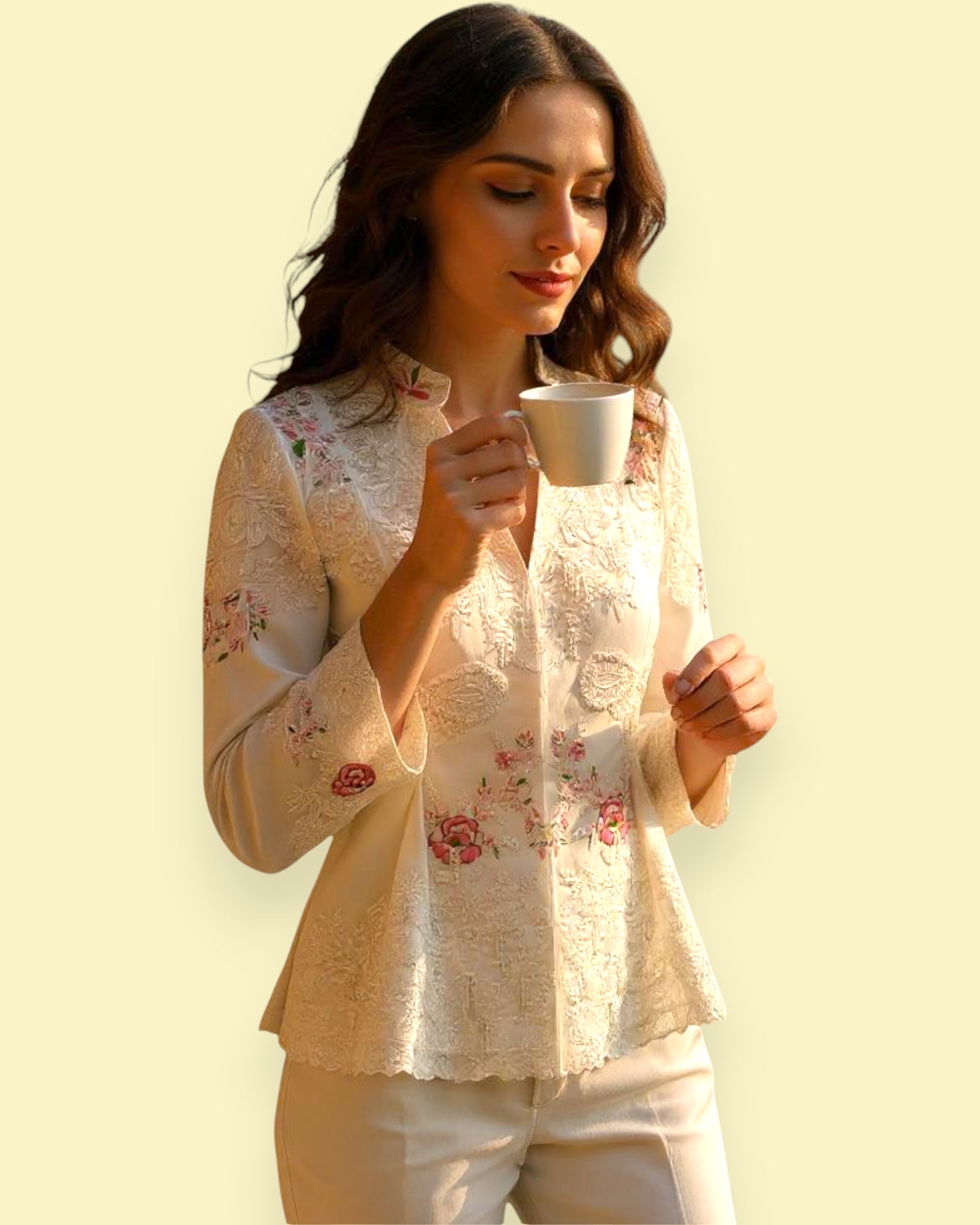Woman in a floral Jacket holding a white cup against a light yellow background