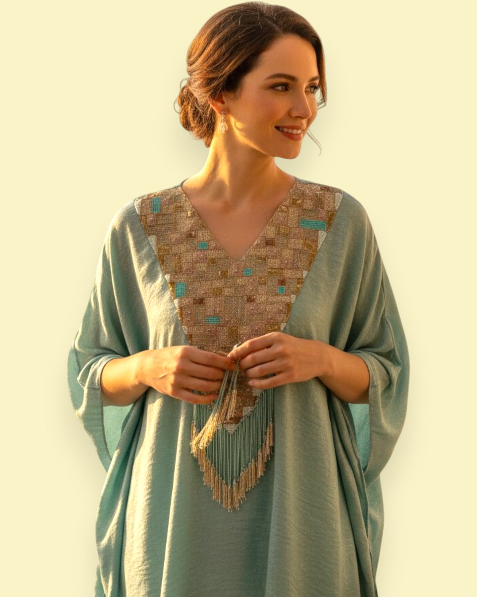 Woman wearing a light blue dress with embroidery against a plain background