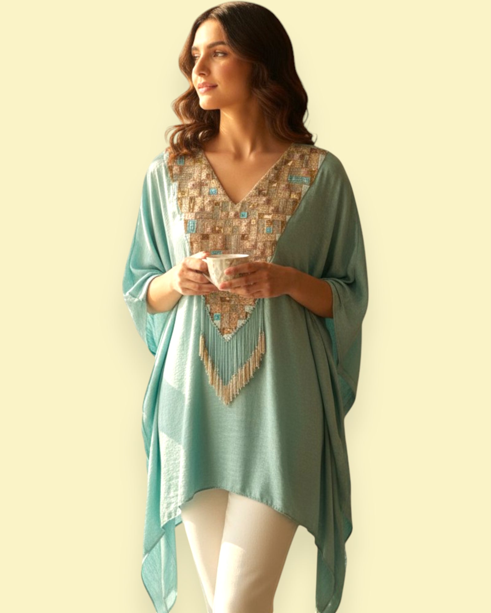 Woman wearing a light blue kaftan with Embroidery on a beige background