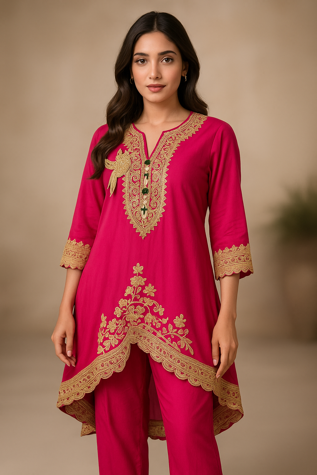 Fuchsia Festive High-Low Embroidered Kurta