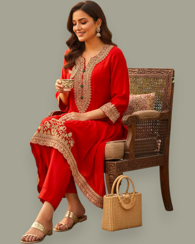 Woman in a red traditional outfit with gold embroidery, sitting on a wooden chair with a woven bag beside her.