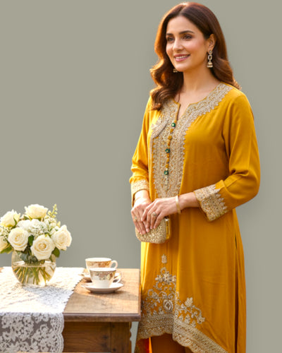 Woman in a yellow embroidered dress standing next to a table with flowers and a teacup.