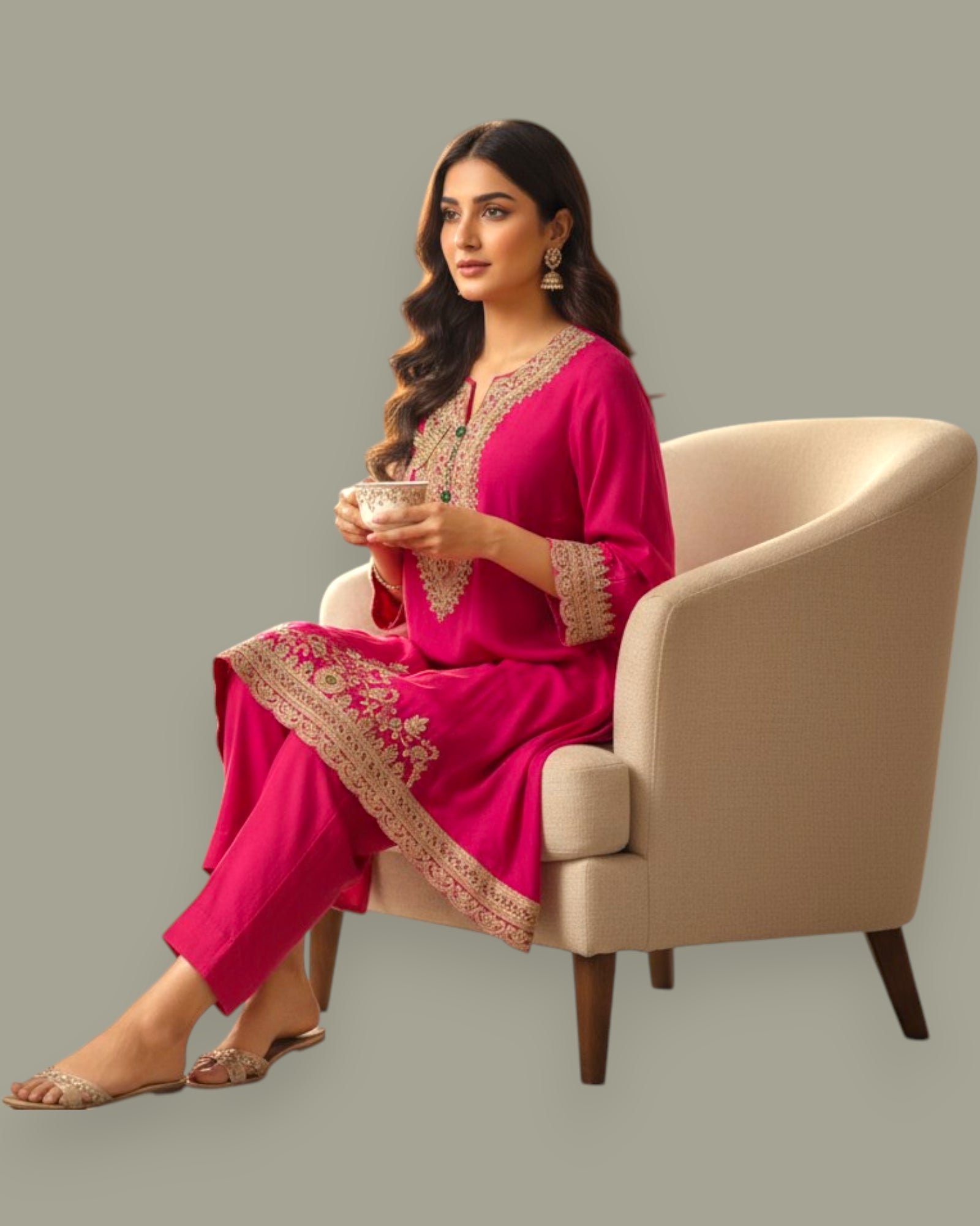 Woman in a pink traditional outfit sitting on a beige chair holding a cup.