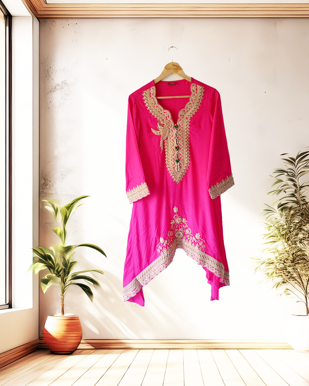 Fuchsia Festive High-Low Embroidered Kurta