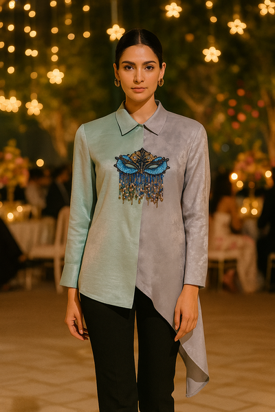 Blue Masquerade Mask Beaded Shirt
