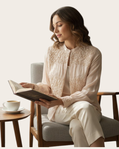 Woman wearing a beige Embroidery Shirt on a plain background