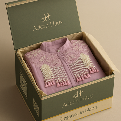Pink embroidered garment in a 'Adorn Haus' box with branding.