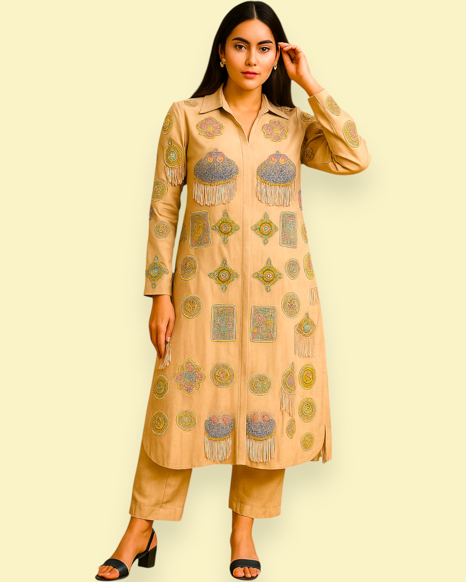 Woman wearing a beige embroidered kurta with palazzo pants on a light yellow background