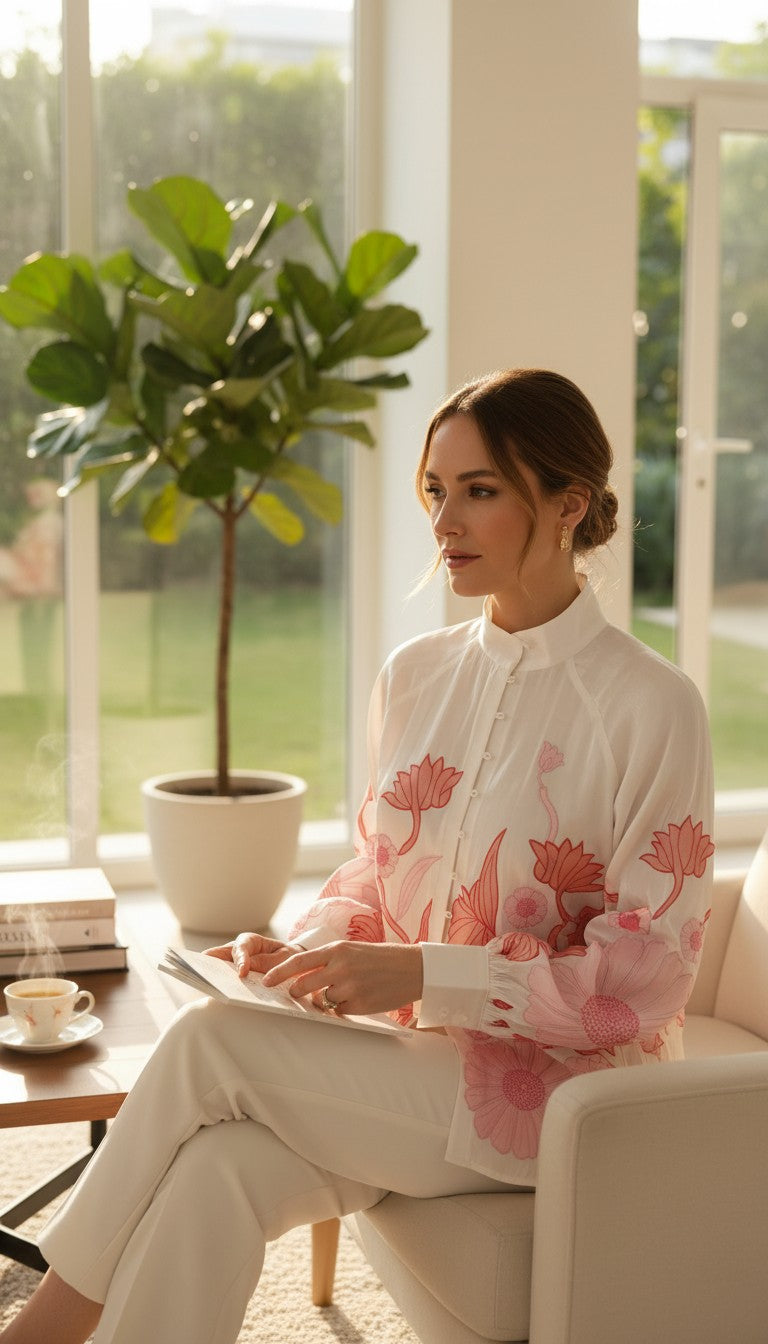 Statement floral embroidered sheer Top with contemporary silhouette