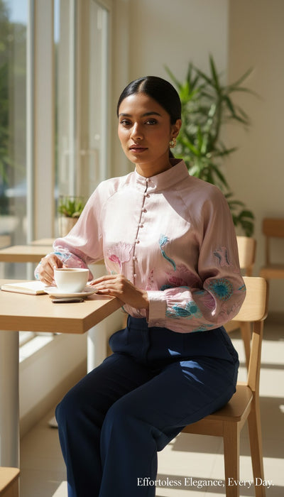 Statement floral embroidered sheer Top with contemporary silhouette