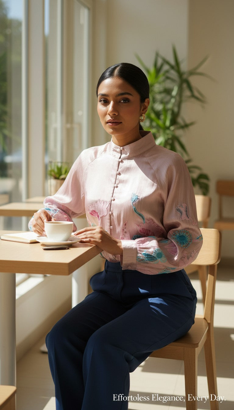 Statement floral embroidered sheer Top with contemporary silhouette