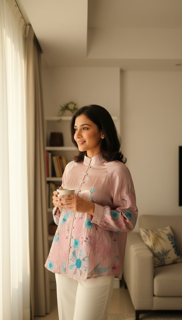 Statement floral embroidered sheer Top with contemporary silhouette