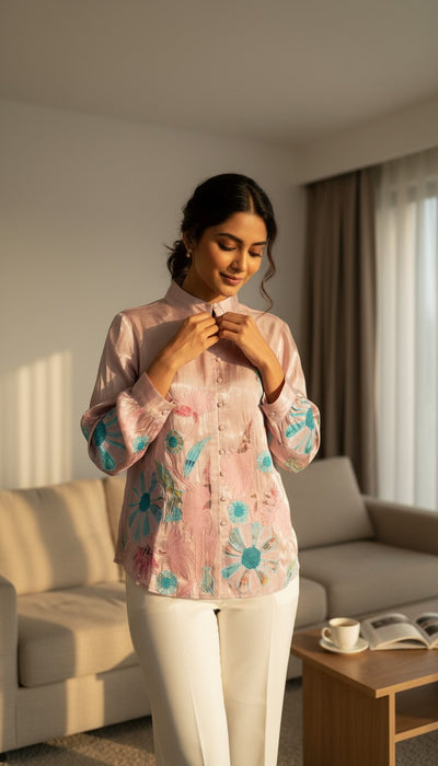 Statement floral embroidered sheer Top with contemporary silhouette