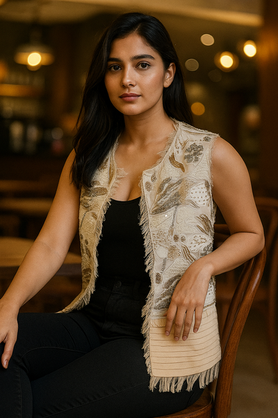 Beige Fringe Embroidered Vest