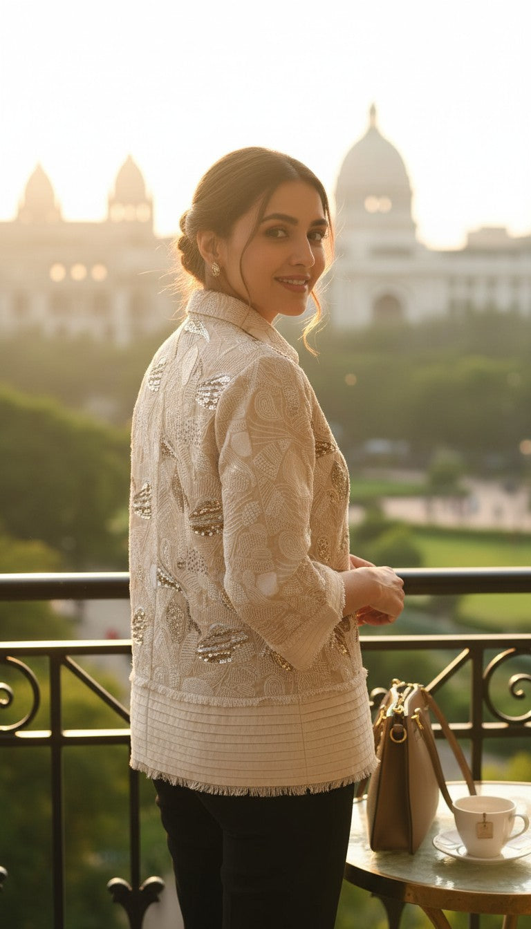 Ivory Sequin Embroidered Jacket Dress