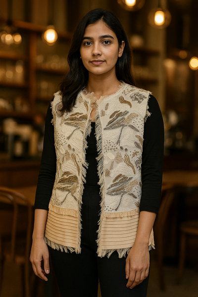 Beige Fringe Embroidered Vest
