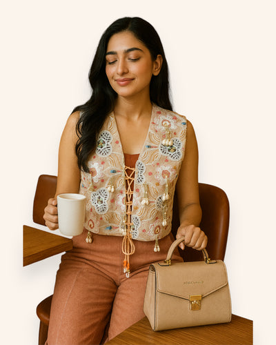 Woman wearing a Embroidery Vest and brown pants sitting on chair.