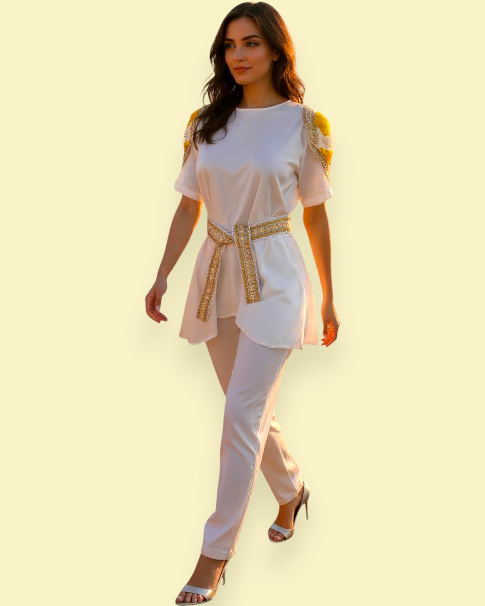 Woman wearing a white outfit with gold accents on a light yellow background