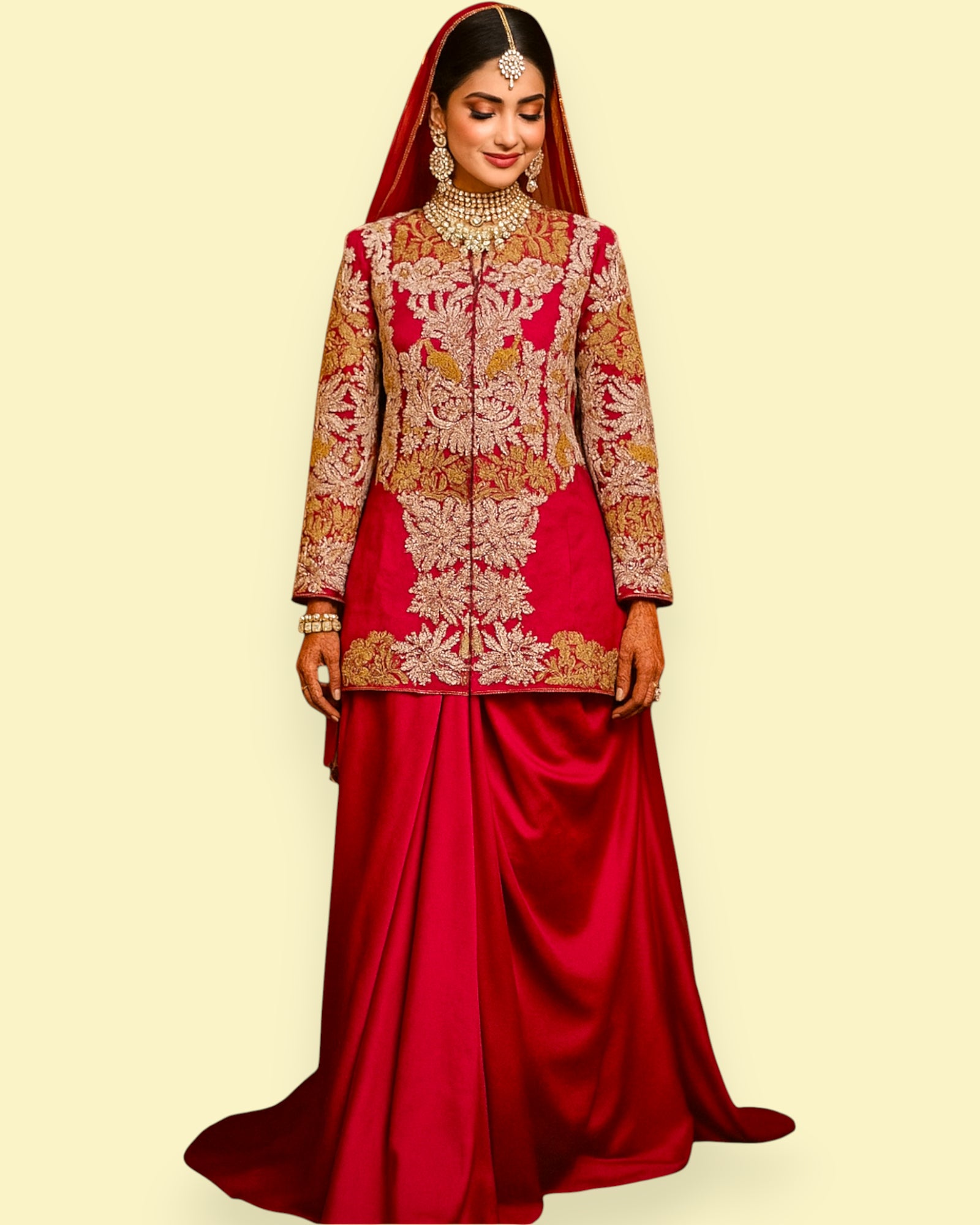Traditional red and gold embroidered outfit on a plain background