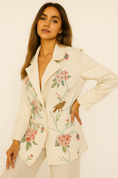 Ivory Birdsong Embroidered Linen Jacket