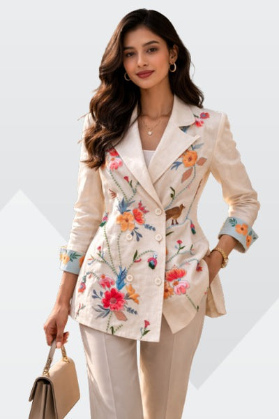Woman wearing a floral blazer with a plain background