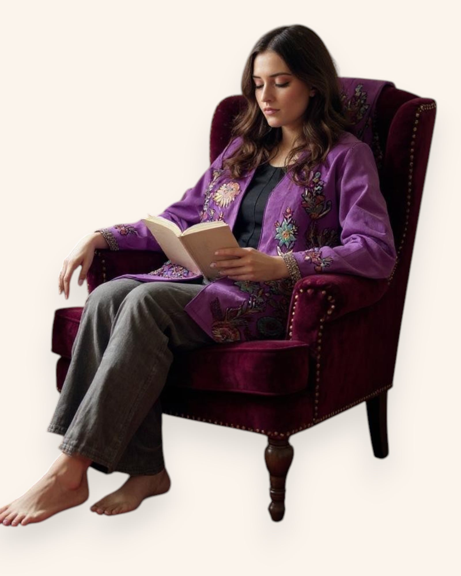 Woman in a purple embroidered jacket sitting in a chair reading a book.