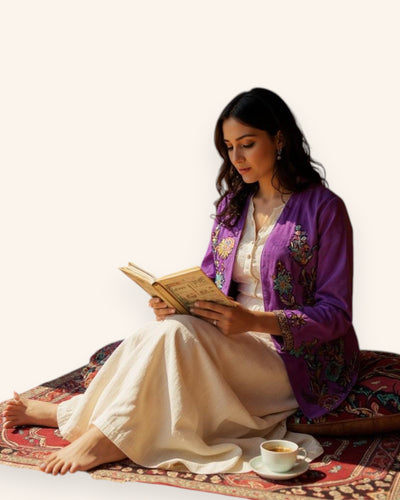 Women wear of intricately embroidered Jacket with floral patterns on a White background