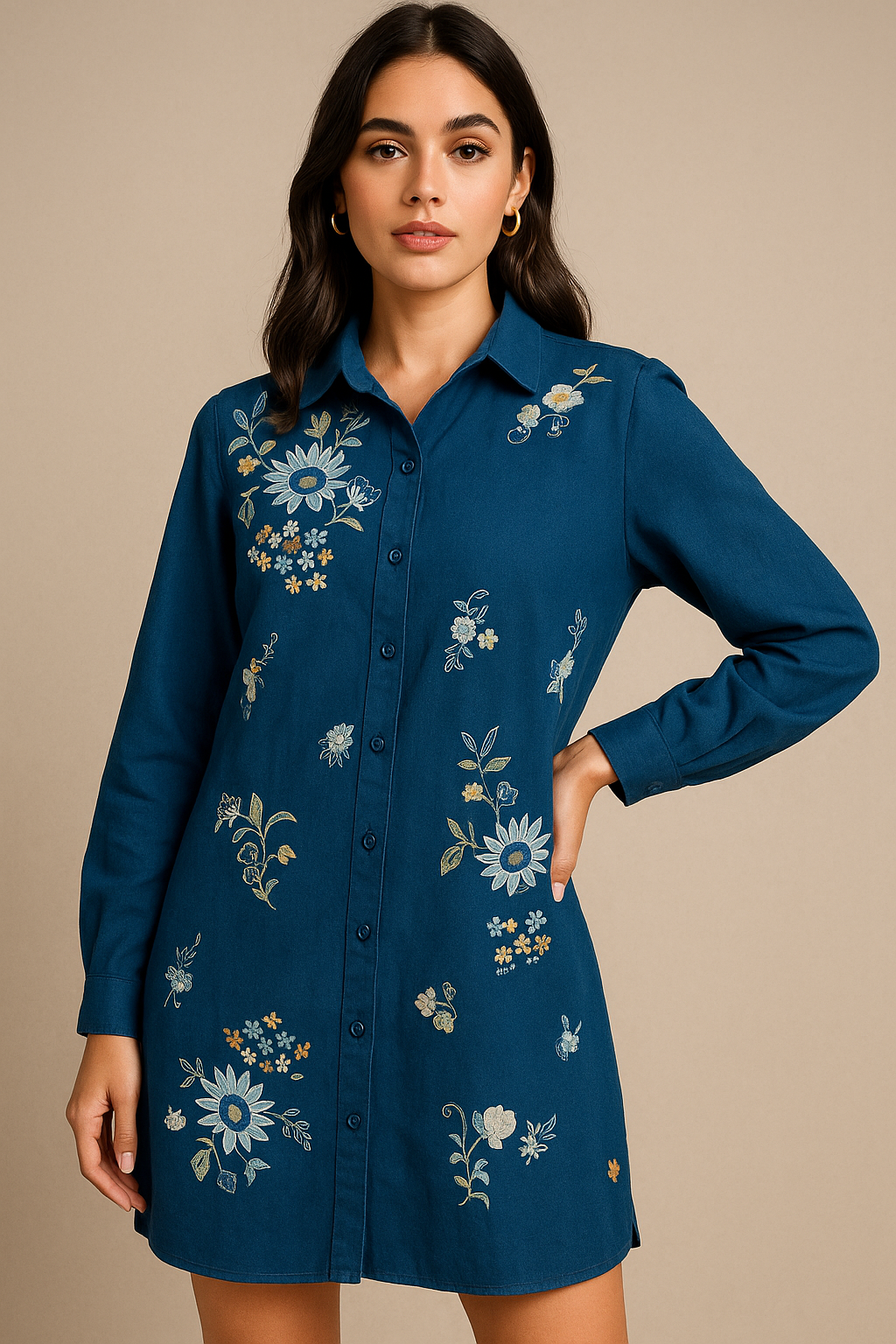 Teal Meadow Embroidered Shirt Dress