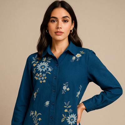 Woman wearing a blue embroidered shirt against a beige background