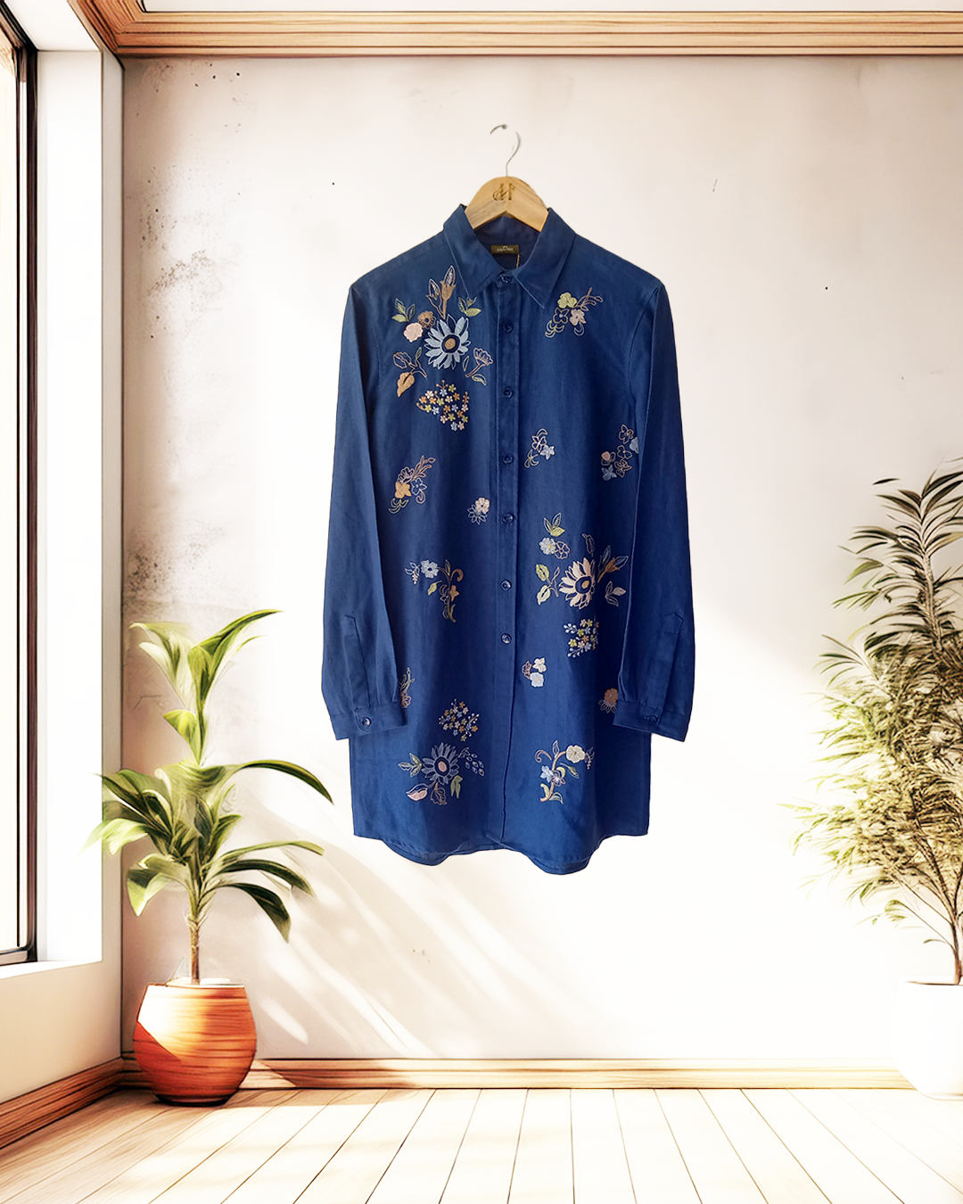 Teal Meadow Embroidered Shirt Dress