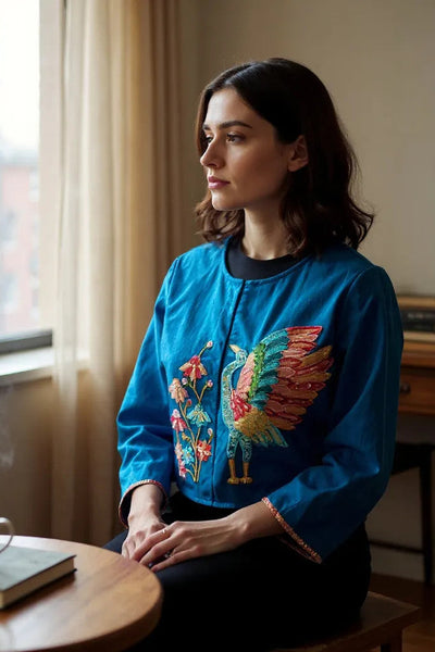 Peacock Garden Embroidered Crop Jacket