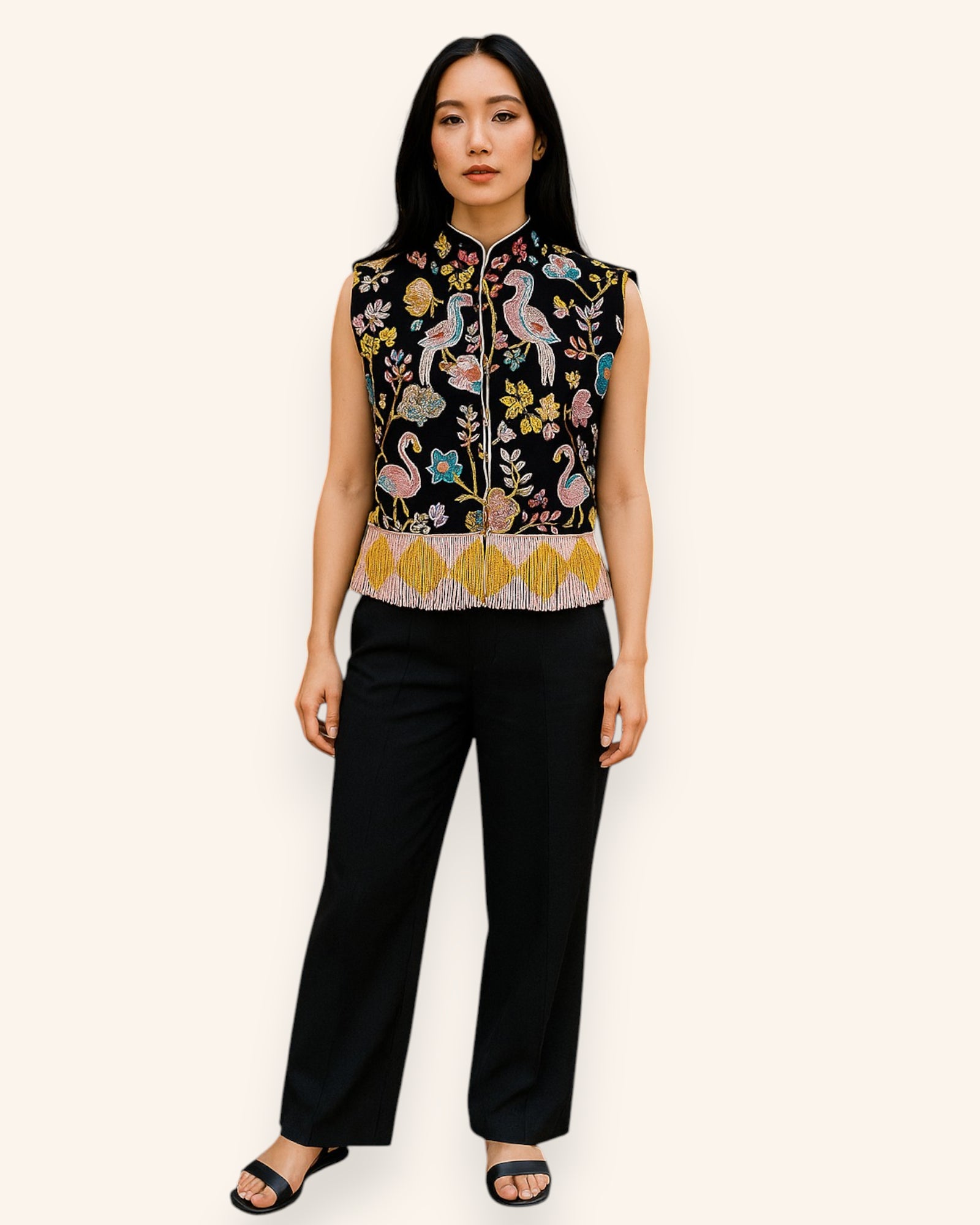Woman wearing a Embroidery vest over a black top with wide-leg pants on a white background
