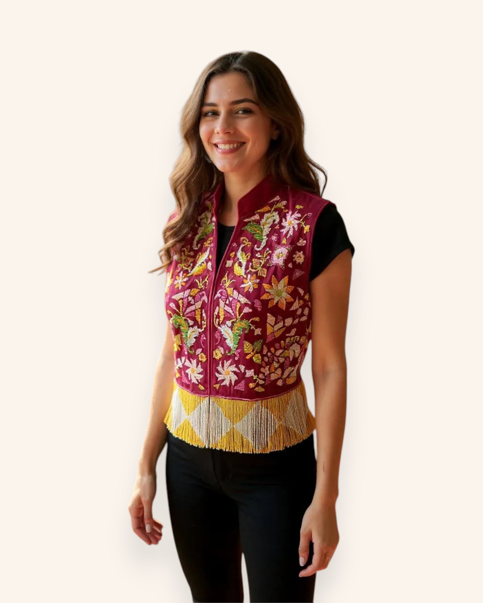 Woman wearing a colorful Embroidery vest on a white background