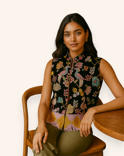 Woman wearing a patterned Embroidery vest sitting on a chair with a white background