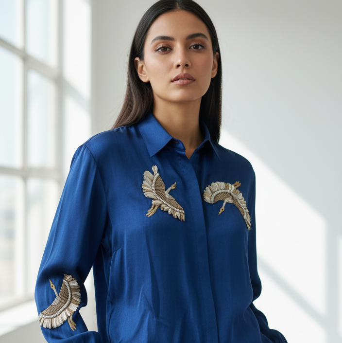 Woman wearing a blue shirt with gold embroidery in a bright room