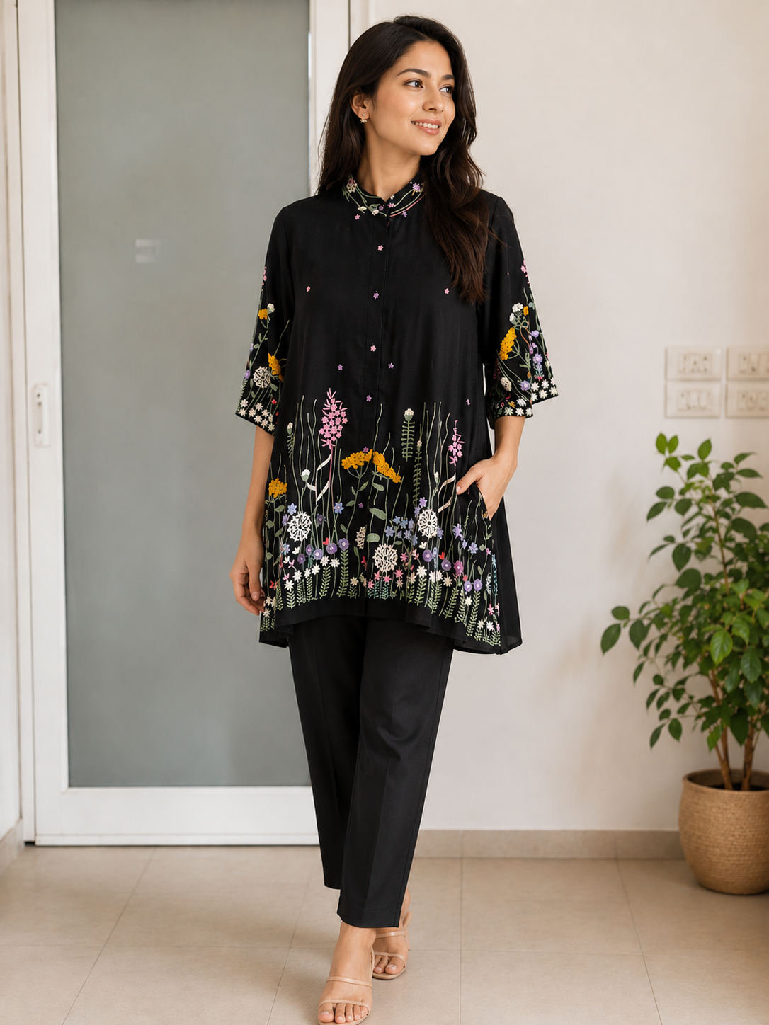 Floral Embroidered black shirt