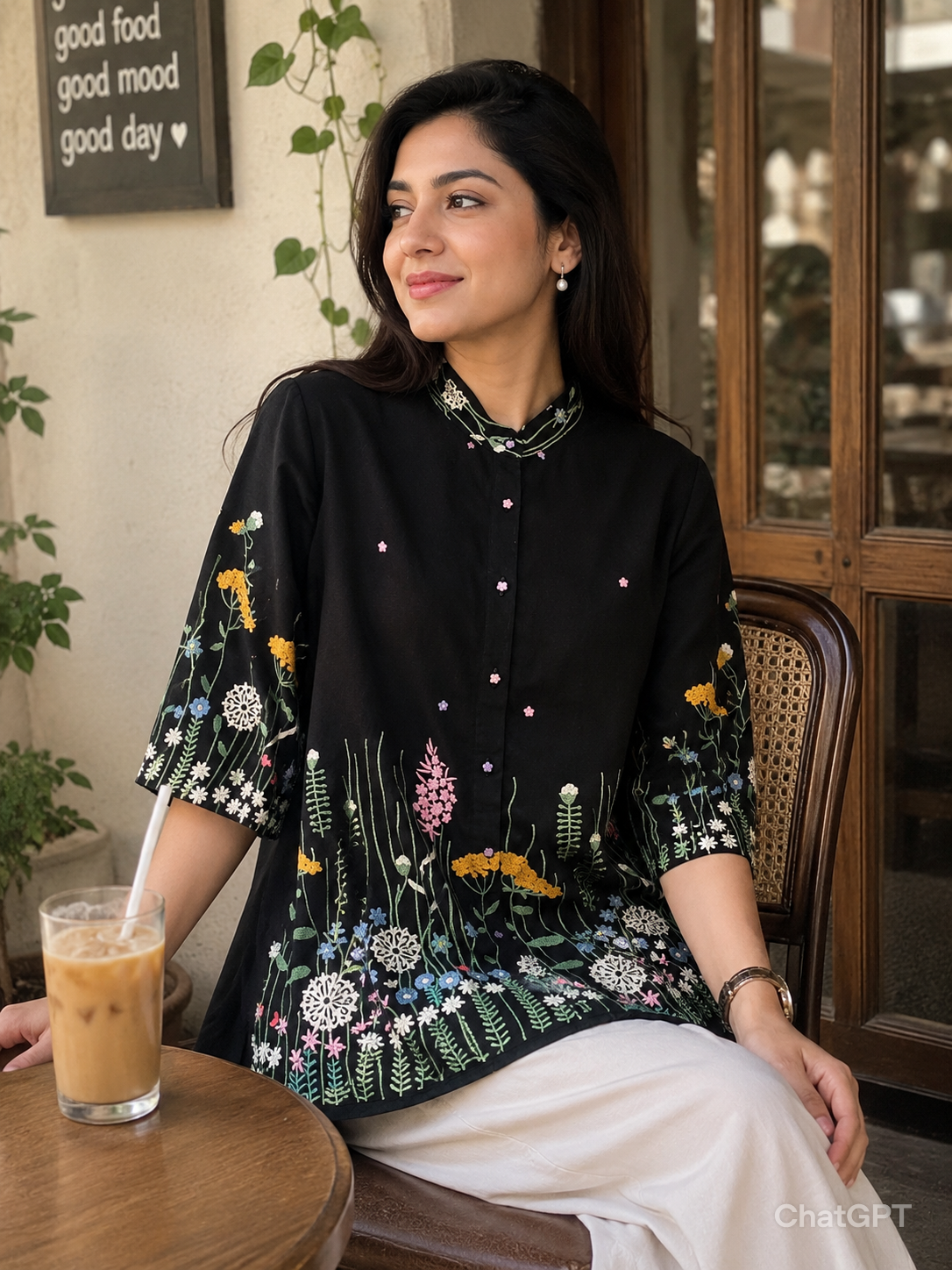 Floral Embroidered black shirt